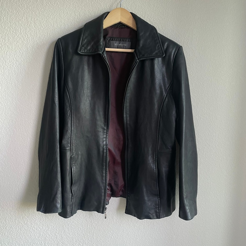 Vintage Liz Claiborne Leather Jacket Women Medium 90s Minimalist Moto Grunge